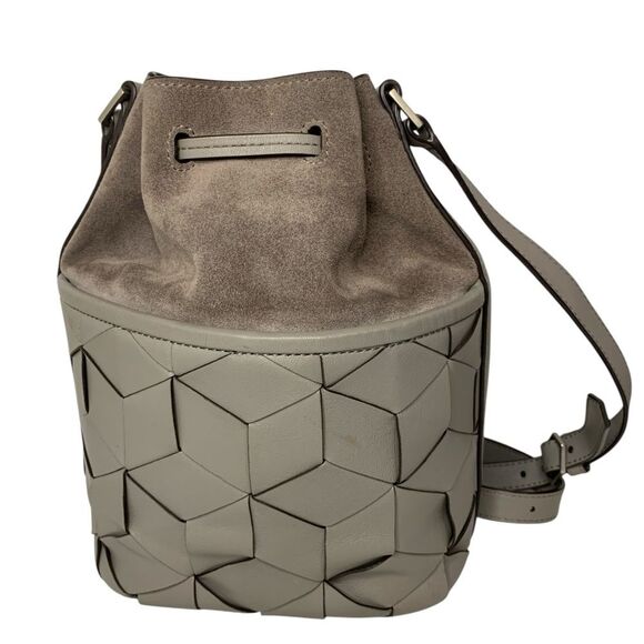 Welden Leather Bucket Bag Gray Crossbody Purse Geometric Weave Drawstring Medium - Picture 5 of 11